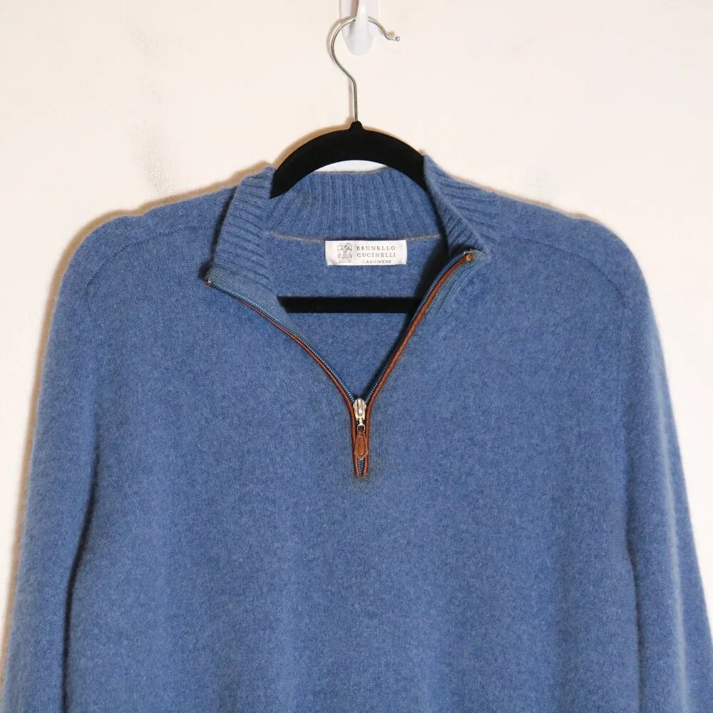 Brunello Cucinelli 100% Cashmere Quarter Zip Sweater 54 Large Blue Leather Trim
